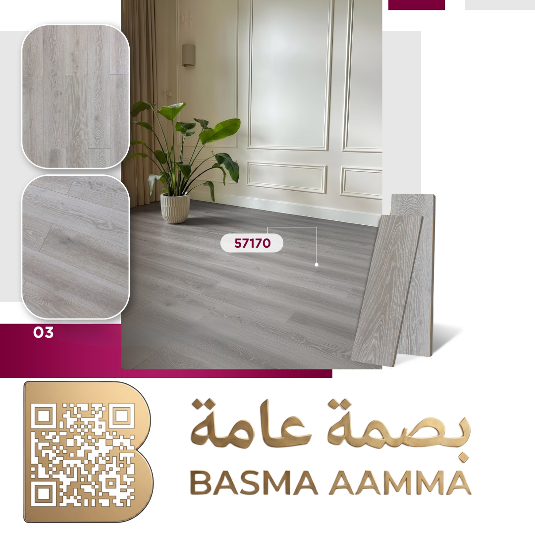 باركيه HDF ون رمادي فاتح هادئ بلمحة بيج ناعمة (Light Greige / Ash Grey).
