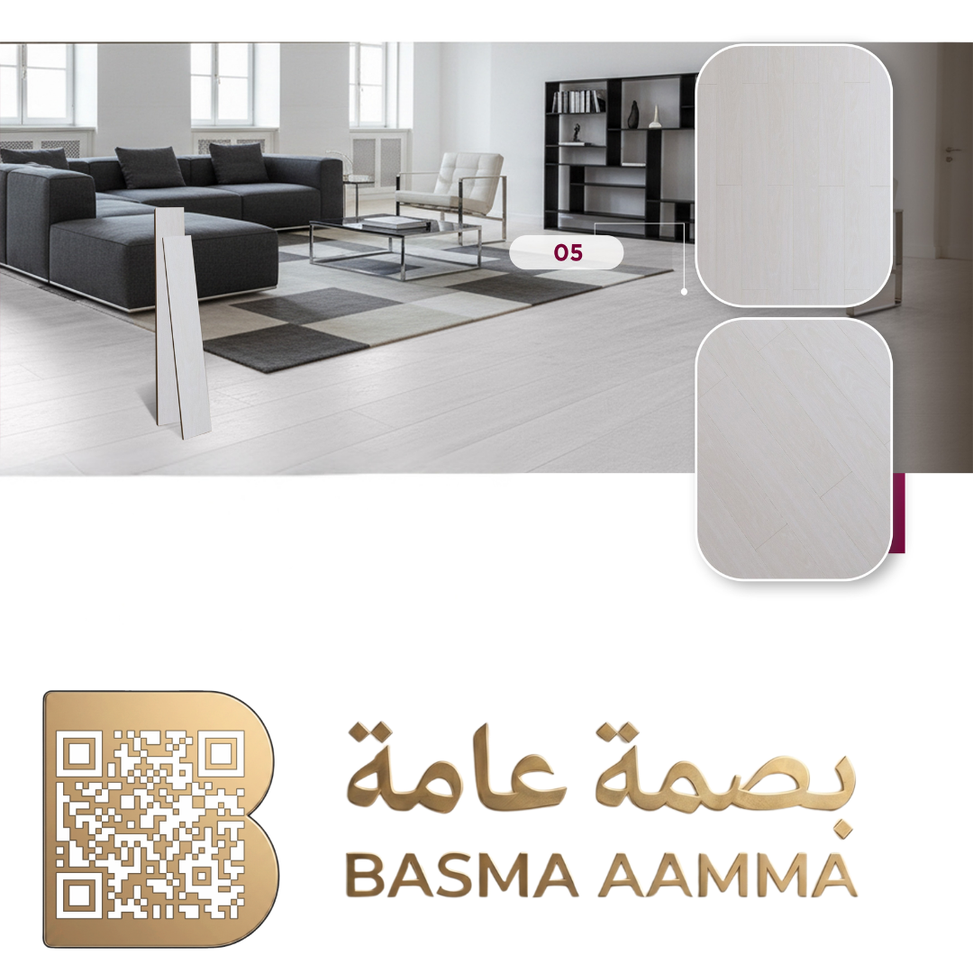 باركيه HDF  اللون أبيض ثلجي رمادي (Ice White / Arctic Grey) بدرجة باردة ونقوش خشبية خفيفة جداً.